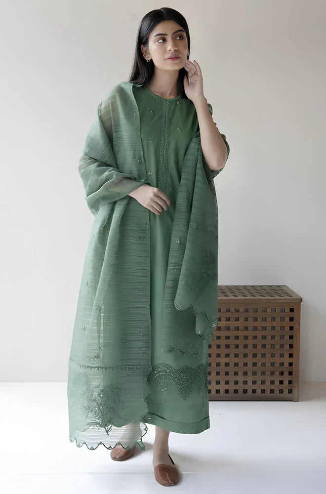 3PC Lawn Embroidered Shirt With Organza Embroidered Dupatta