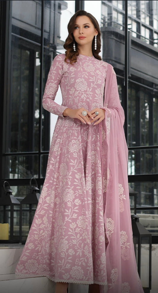 Bareeze Pink 3pc Embroidered in Lawn with Bambar Chiffon Dupata
