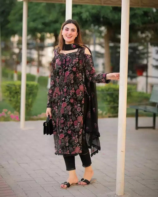 3pc Unstitched Bareeze LAWN Embroidered Black Dress